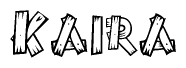 The image contains the name Kaira written in a decorative, stylized font with a hand-drawn appearance. The lines are made up of what appears to be planks of wood, which are nailed together