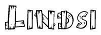 The image contains the name Lindsi written in a decorative, stylized font with a hand-drawn appearance. The lines are made up of what appears to be planks of wood, which are nailed together