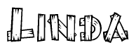 The image contains the name Linda written in a decorative, stylized font with a hand-drawn appearance. The lines are made up of what appears to be planks of wood, which are nailed together