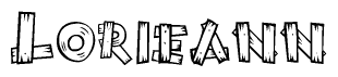 The image contains the name Lorieann written in a decorative, stylized font with a hand-drawn appearance. The lines are made up of what appears to be planks of wood, which are nailed together