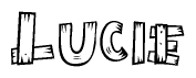 The clipart image shows the name Lucie stylized to look like it is constructed out of separate wooden planks or boards, with each letter having wood grain and plank-like details.