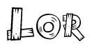 The clipart image shows the name Lor stylized to look as if it has been constructed out of wooden planks or logs. Each letter is designed to resemble pieces of wood.