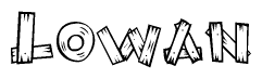 The image contains the name Lowan written in a decorative, stylized font with a hand-drawn appearance. The lines are made up of what appears to be planks of wood, which are nailed together