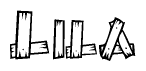 The image contains the name Lila written in a decorative, stylized font with a hand-drawn appearance. The lines are made up of what appears to be planks of wood, which are nailed together
