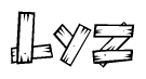 The clipart image shows the name Lyz stylized to look as if it has been constructed out of wooden planks or logs. Each letter is designed to resemble pieces of wood.