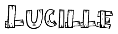 The image contains the name Lucille written in a decorative, stylized font with a hand-drawn appearance. The lines are made up of what appears to be planks of wood, which are nailed together