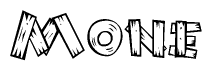 The image contains the name Mone written in a decorative, stylized font with a hand-drawn appearance. The lines are made up of what appears to be planks of wood, which are nailed together