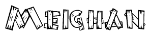 The clipart image shows the name Meighan stylized to look as if it has been constructed out of wooden planks or logs. Each letter is designed to resemble pieces of wood.