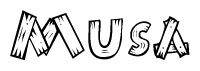 The clipart image shows the name Musa stylized to look like it is constructed out of separate wooden planks or boards, with each letter having wood grain and plank-like details.