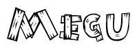 The image contains the name Megu written in a decorative, stylized font with a hand-drawn appearance. The lines are made up of what appears to be planks of wood, which are nailed together