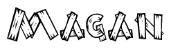 The image contains the name Magan written in a decorative, stylized font with a hand-drawn appearance. The lines are made up of what appears to be planks of wood, which are nailed together
