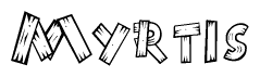 The clipart image shows the name Myrtis stylized to look as if it has been constructed out of wooden planks or logs. Each letter is designed to resemble pieces of wood.