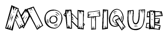 The image contains the name Montique written in a decorative, stylized font with a hand-drawn appearance. The lines are made up of what appears to be planks of wood, which are nailed together
