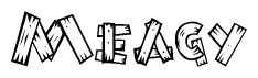 The image contains the name Meagy written in a decorative, stylized font with a hand-drawn appearance. The lines are made up of what appears to be planks of wood, which are nailed together