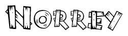 The clipart image shows the name Norrey stylized to look as if it has been constructed out of wooden planks or logs. Each letter is designed to resemble pieces of wood.