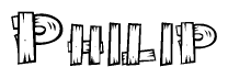The image contains the name Philip written in a decorative, stylized font with a hand-drawn appearance. The lines are made up of what appears to be planks of wood, which are nailed together