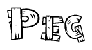 The image contains the name Peg written in a decorative, stylized font with a hand-drawn appearance. The lines are made up of what appears to be planks of wood, which are nailed together