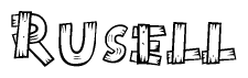 The clipart image shows the name Rusell stylized to look as if it has been constructed out of wooden planks or logs. Each letter is designed to resemble pieces of wood.