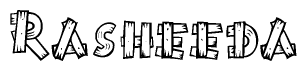 The image contains the name Rasheeda written in a decorative, stylized font with a hand-drawn appearance. The lines are made up of what appears to be planks of wood, which are nailed together