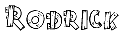 The clipart image shows the name Rodrick stylized to look as if it has been constructed out of wooden planks or logs. Each letter is designed to resemble pieces of wood.