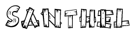 The image contains the name Santhel written in a decorative, stylized font with a hand-drawn appearance. The lines are made up of what appears to be planks of wood, which are nailed together
