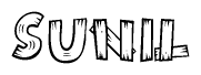 The clipart image shows the name Sunil stylized to look as if it has been constructed out of wooden planks or logs. Each letter is designed to resemble pieces of wood.