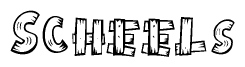 The clipart image shows the name Scheels stylized to look like it is constructed out of separate wooden planks or boards, with each letter having wood grain and plank-like details.