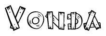 The image contains the name Vonda written in a decorative, stylized font with a hand-drawn appearance. The lines are made up of what appears to be planks of wood, which are nailed together