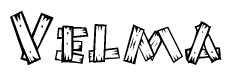 The clipart image shows the name Velma stylized to look as if it has been constructed out of wooden planks or logs. Each letter is designed to resemble pieces of wood.