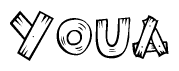 The clipart image shows the name Youa stylized to look as if it has been constructed out of wooden planks or logs. Each letter is designed to resemble pieces of wood.