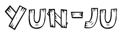The image contains the name Yun-ju written in a decorative, stylized font with a hand-drawn appearance. The lines are made up of what appears to be planks of wood, which are nailed together