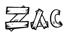 The clipart image shows the name Zac stylized to look as if it has been constructed out of wooden planks or logs. Each letter is designed to resemble pieces of wood.