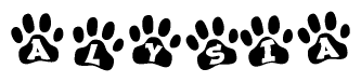 The image shows a series of animal paw prints arranged in a horizontal line. Each paw print contains a letter, and together they spell out the word Alysia.