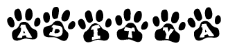 The image shows a row of animal paw prints, each containing a letter. The letters spell out the word Aditya within the paw prints.