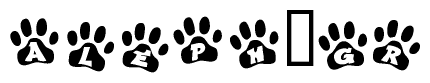 The image shows a series of animal paw prints arranged horizontally. Within each paw print, there's a letter; together they spell Aleph gr