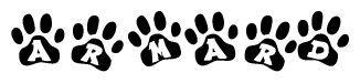 The image shows a series of animal paw prints arranged in a horizontal line. Each paw print contains a letter, and together they spell out the word Armard.