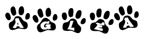 The image shows a series of animal paw prints arranged in a horizontal line. Each paw print contains a letter, and together they spell out the word Aglea.