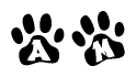 The image shows a series of animal paw prints arranged in a horizontal line. Each paw print contains a letter, and together they spell out the word Am.