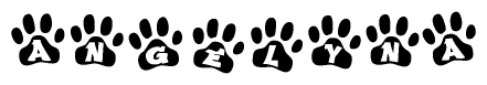 The image shows a series of animal paw prints arranged horizontally. Within each paw print, there's a letter; together they spell Angelyna