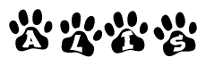 The image shows a row of animal paw prints, each containing a letter. The letters spell out the word Alis within the paw prints.