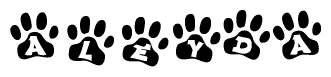 The image shows a row of animal paw prints, each containing a letter. The letters spell out the word Aleyda within the paw prints.