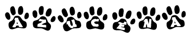 The image shows a series of animal paw prints arranged in a horizontal line. Each paw print contains a letter, and together they spell out the word Azucena.