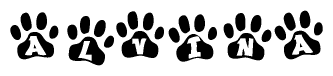 The image shows a series of animal paw prints arranged horizontally. Within each paw print, there's a letter; together they spell Alvina
