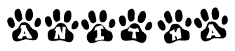The image shows a row of animal paw prints, each containing a letter. The letters spell out the word Anitha within the paw prints.