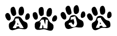 The image shows a series of animal paw prints arranged horizontally. Within each paw print, there's a letter; together they spell Anja