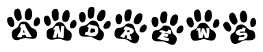 The image shows a series of animal paw prints arranged in a horizontal line. Each paw print contains a letter, and together they spell out the word Andrews.