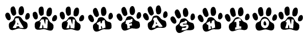 The image shows a row of animal paw prints, each containing a letter. The letters spell out the word Annhfashion within the paw prints.