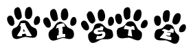 The image shows a series of animal paw prints arranged in a horizontal line. Each paw print contains a letter, and together they spell out the word Aiste.