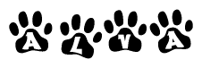 The image shows a row of animal paw prints, each containing a letter. The letters spell out the word Alva within the paw prints.