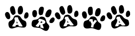 The image shows a row of animal paw prints, each containing a letter. The letters spell out the word Araya within the paw prints.